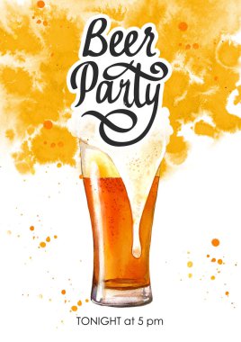 Bira partisi posteri. Bir bardak bira eşliğinde suluboya resim çizimi bar için. Kutlama için menü iç. Ekim Festivali.