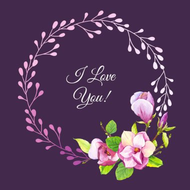 Suluboya manolyalı bahar çelengi. Tasarım ve dekor için koyu arka plan üzerinde gerçekçi çiçekler ile Çiçek mor resimler.