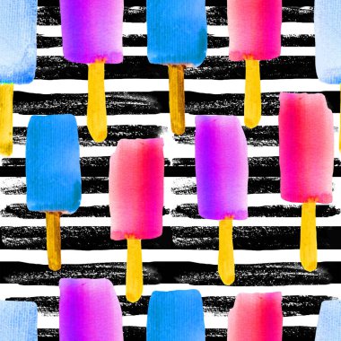 Buz pop ile İllüstrasyon. Bir sopa üzerinde dondurma ile renkli suluboya dikişsiz desen.