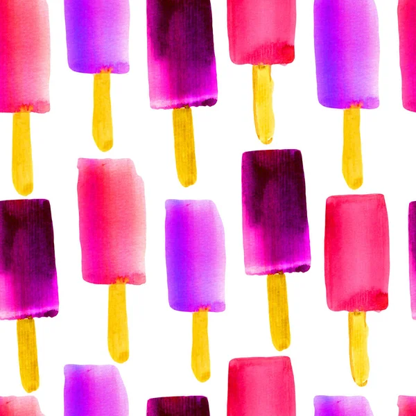 Ilustración con hielo pop. Patrón inconsútil de acuarela colorida con helado en un palo . — Foto de Stock