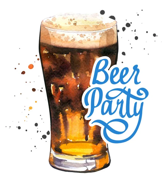 Bier partij poster. Aquarel illustratie met glas stout in pittoreske stijl voor bar. Drink menu voor viering. Oktoberfest. — Stockfoto