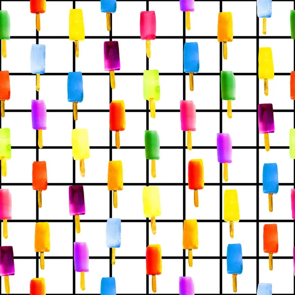 Ilustracja z lodem pop. Kolorowy akwarela bez szwu wzór z lodami na patyku. — Zdjęcie stockowe