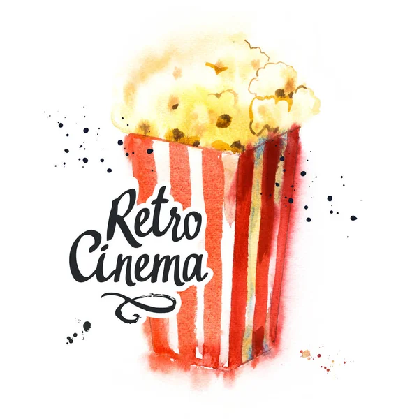 Watercolor illustration with sketch popcorn bucket. Sketch design. Cinema snack. Hand drawn fast food. Movie Time poster. Retro movie festival. — Stock Photo, Image