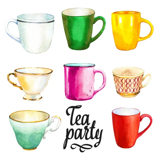 Tea party set on white background. Watercolor illustration of funny cups. Decorative elements with traditional hot drinks for your design. Multicolor decor.