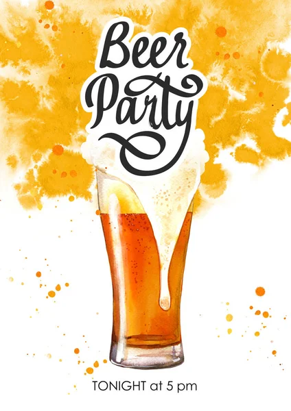 Plakat z piwem. Ilustracja akwarela ze szklanką piwa w malowniczym stylu dla baru. Pij menu na świętowanie. Oktoberfest. — Zdjęcie stockowe