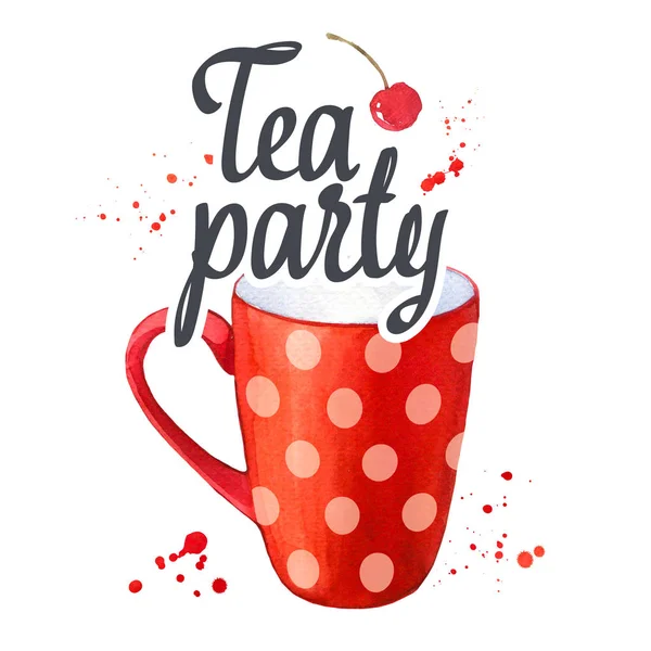 Aquarell rote Tasse vorhanden. Tea Party Illustration auf weißem Hintergrund. dekorative Elemente mit traditionellen Heißgetränken für Ihr Design. Vielfarbiges Dekor. — Stockfoto