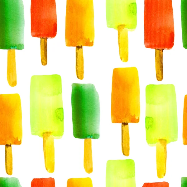Ilustración con hielo pop. Patrón inconsútil de acuarela colorida con helado en un palo . — Foto de Stock
