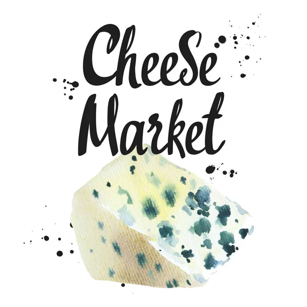 带有高贵奶酪的水彩画：蓝色，罗克福。小点心吧。农业奶制品。新鲜有机食品. — 图库照片