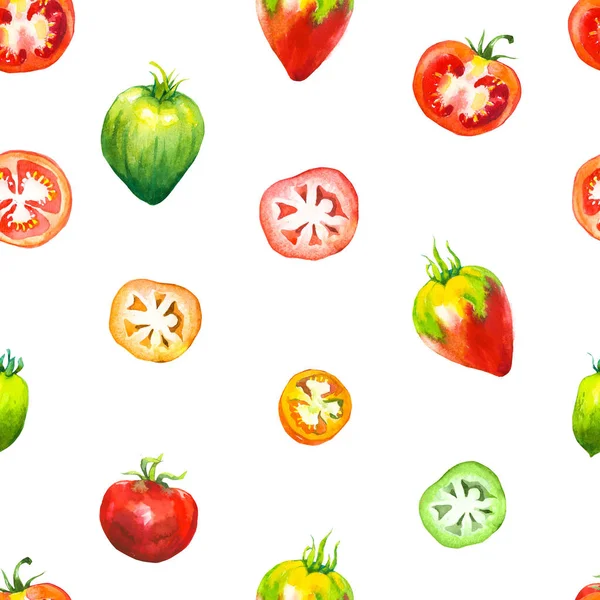 Gemüse Aquarell Set vorhanden. nahtloses Muster. frische Biolebensmittel. Tomaten in verschiedenen Farben: grün, orange und rot. einfache Malskizze. — Stockfoto