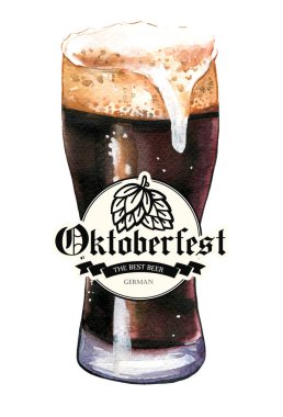 Oktoberfest. Bar için pitoresk tarzda şişman cam ile Suluboya illüstrasyon. Kutlama için içki menüsü. Bira parti afişi.