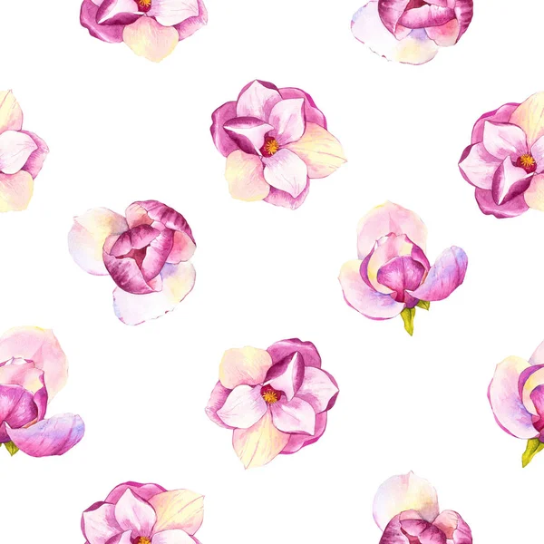 Printemps fond sans couture avec magnolia aquarelle. Motif violet floral avec des fleurs réalistes sur fond blanc pour votre conception et votre décoration. — Photo