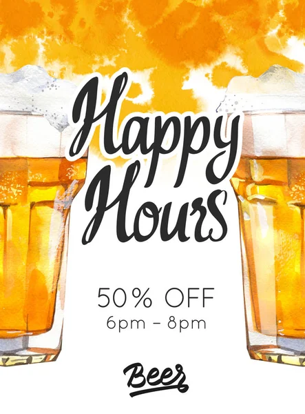 Happy hours poster. Watercolor illustration with glass of lager beer in picturesque style for bar. Drink menu for celebration. Special offer. — Stock Photo, Image