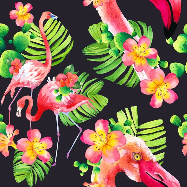 검은 배경에 수채화 원활한 패턴입니다. 분홍색 플라밍고와 열대 식물이있는 일러스트레이션. 파라다이스 버드. — 스톡 사진