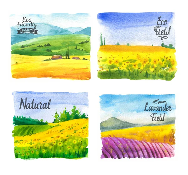 Set di illustrazione acquerello con girasole paesaggio e campi di lavanda. Sfondo naturale. Fattorie biologiche. Eco coltivazione. Agricoltura . — Foto Stock
