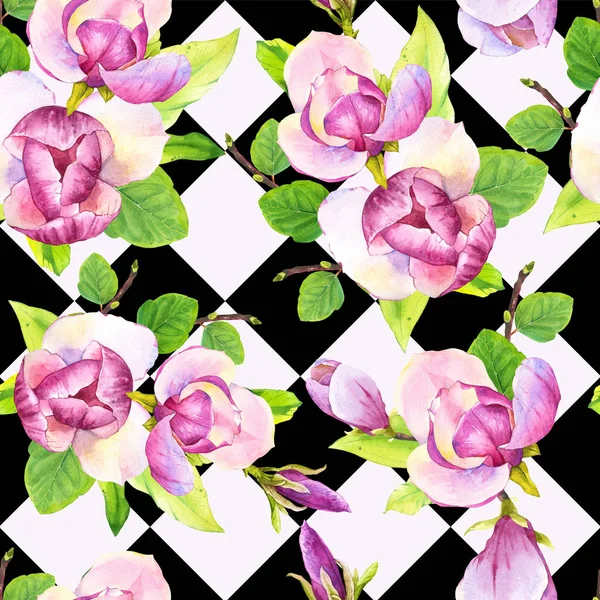 Ανοιξιάτικη απρόσκοπτη φόντο με ακουαρέλα μανόλια. Floral μωβ μοτίβο με ρεαλιστικά λουλούδια σε γεωμετρικό φόντο για το σχεδιασμό και τη διακόσμηση. — Φωτογραφία Αρχείου