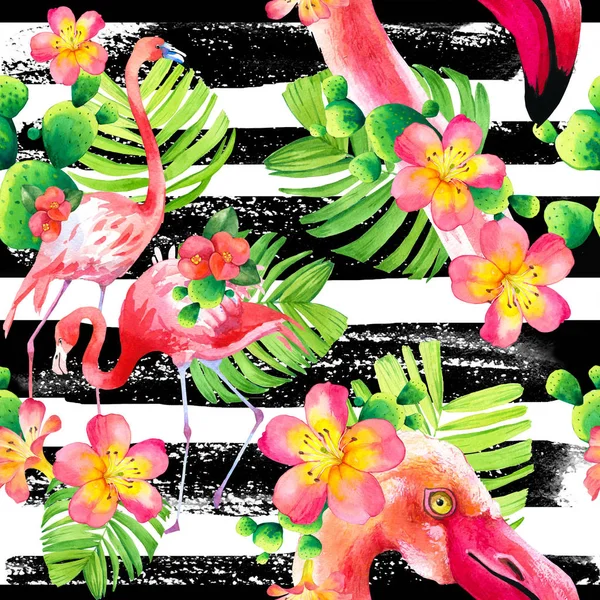 Watercolor seamless pattern on striped background. Illustration with pink flamingo and tropical plants. Paradise bird. — Stock Photo, Image