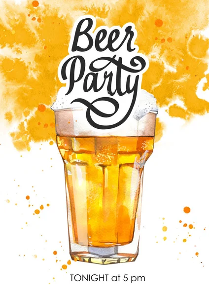 Beer party poster. Watercolor illustration with glass of lager in picturesque style for bar. Drink menu for celebration. Oktoberfest.