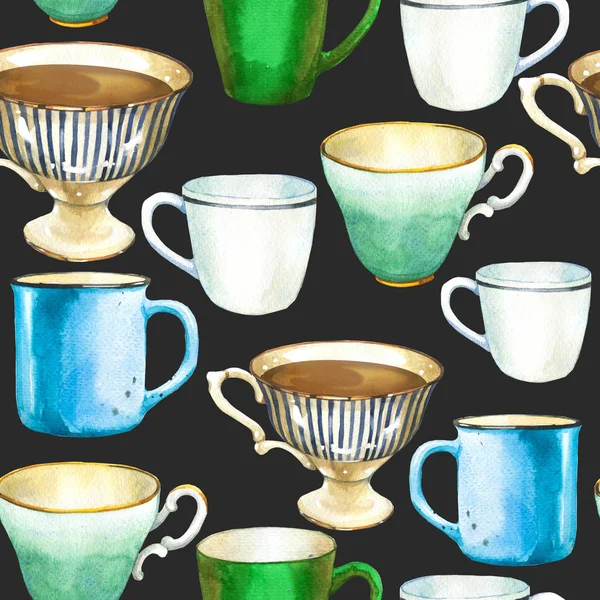 Naadloze achtergrond. Theepot patroon op zwart. Aquarel illustratie van grappige kopjes. Decoratieve elementen met traditionele warme dranken voor uw verpakkingsontwerp. Meerkleurig decor. — Stockfoto