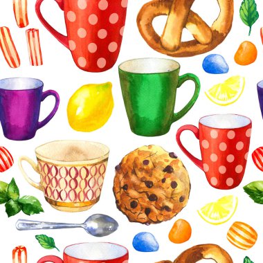 Kusursuz bir geçmişi var. Beyaz üzerine çay partisi deseni. Tuhaf fincanların suluboya çizimi. Dekoratif unsurlar ve geleneksel sıcak içecekler paketleme tasarımınız için. Çoklu renk dekoru.