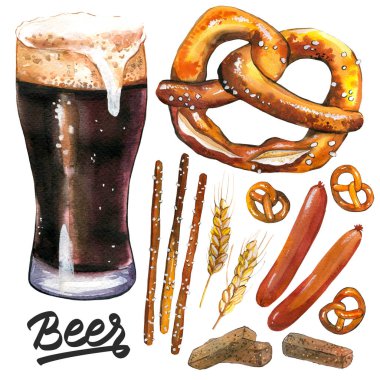 Bira ve aperatif ile Suluboya İllüstrasyon. Cam, kraker, cips, sosis. Oktoberfest gelenekleri.