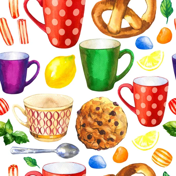 Seamless background. Tea party pattern on white. Watercolor illustration of funny cups. Decorative elements with traditional hot drinks for your packing design. Multicolor decor. — Stock Photo, Image