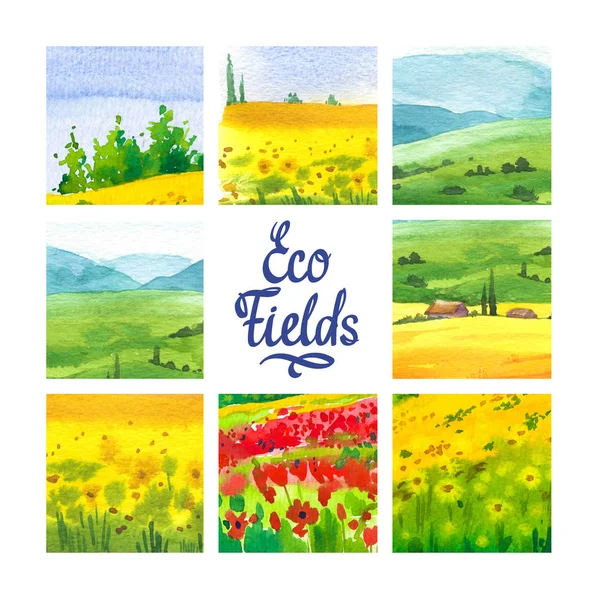 Conjunto de ilustração aquarela com paisagem girassol e campos de papoula. Fundo da natureza. Fazendas orgânicas. Eco crescendo. Agricultura . — Fotografia de Stock