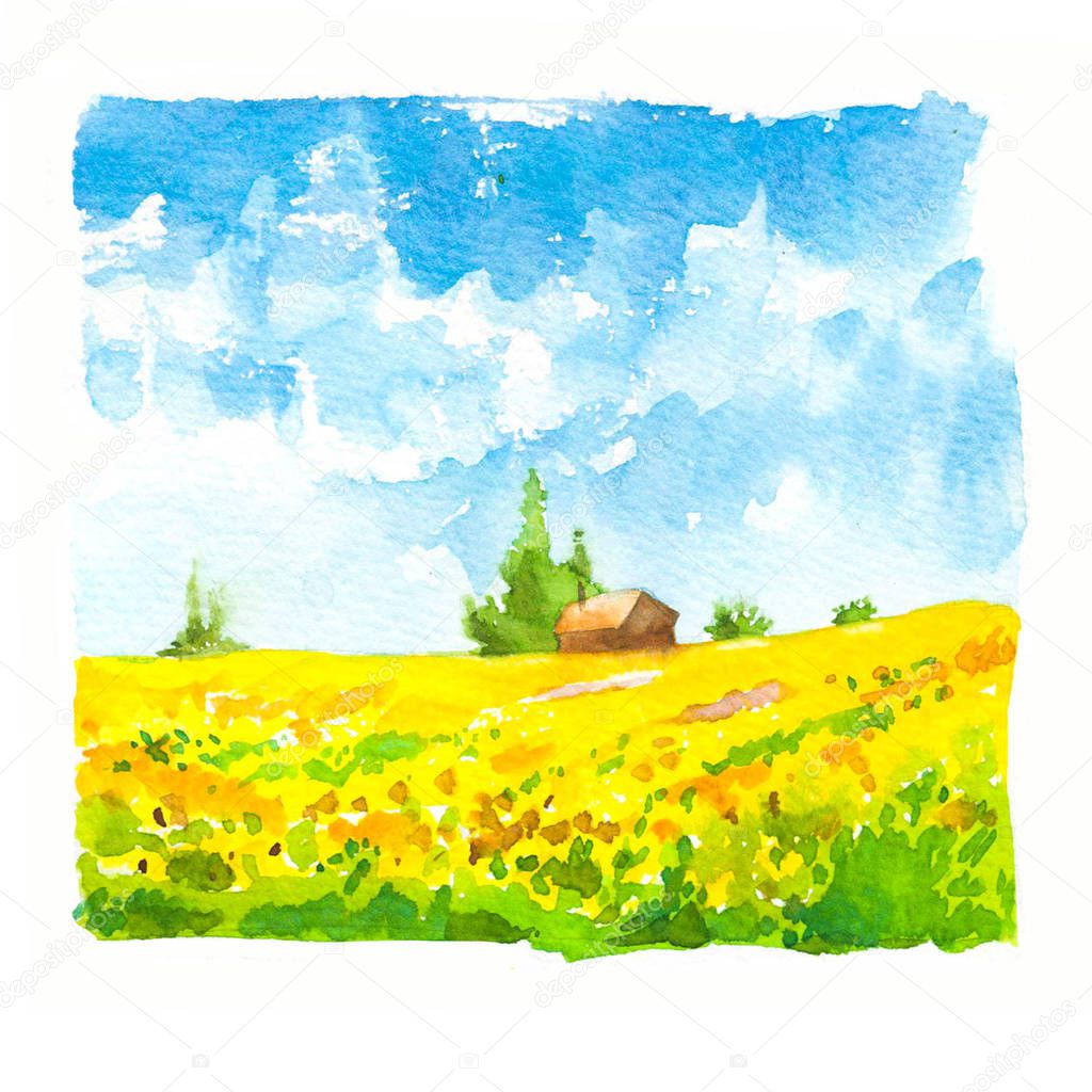 Watercolor illustration with landscape of sunflower field. Nature background. Organic farms. Eco growing. Agriculture.