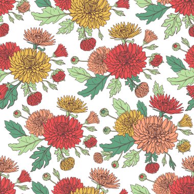 Krizantem kroki tarzı ile sorunsuz arka plan. Güzel çiçek deseni.