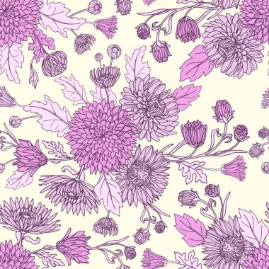 Krizantem kroki tarzı ile sorunsuz arka plan. Güzel çiçek deseni.