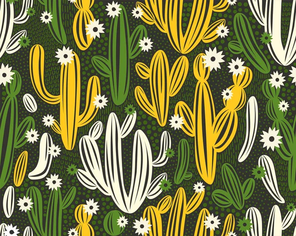 Векторный бесшовный рисунок с кактусом на черном фоне. Летние растения, цветы и листья. Натуральный цветочный яркий дизайн. Ботаническая иллюстрация. — стоковый вектор