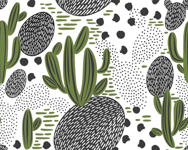Διάνυσμα χωρίς ραφή μοτίβο με κάκτο σε λευκό φόντο. Καλοκαιρινά φυτά, λουλούδια και φύλλα. Φυσικό floral φωτεινό σχεδιασμό. Βοτανική απεικόνιση. — Διανυσματικό Αρχείο