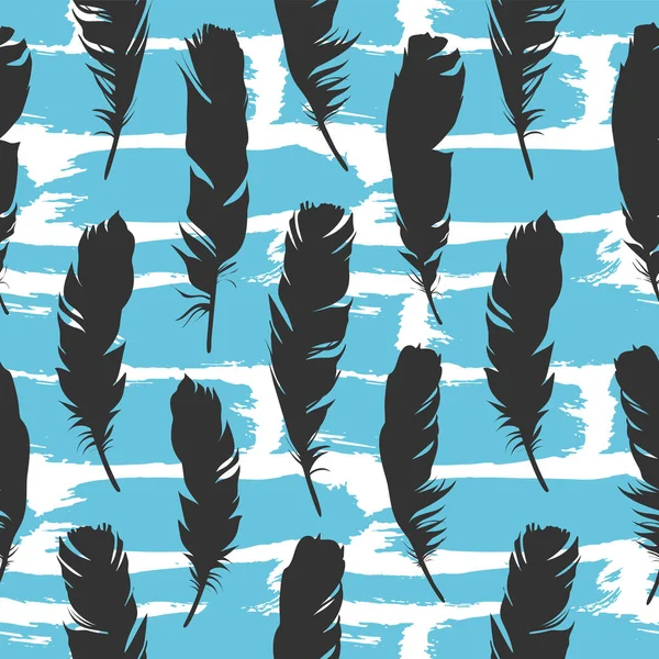 Sömlös svart illustration med fjädrar på en blå pensel bakgrund. Naturligt vektor mönster. Boho stil. Enkla silhuetter. — Stock vektor