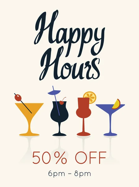 Cartel de Happy hours. Ilustración vectorial con cóctel en estilo playa de verano para bar. Menú de bebidas para celebrar. Oferta especial . — Vector de stock