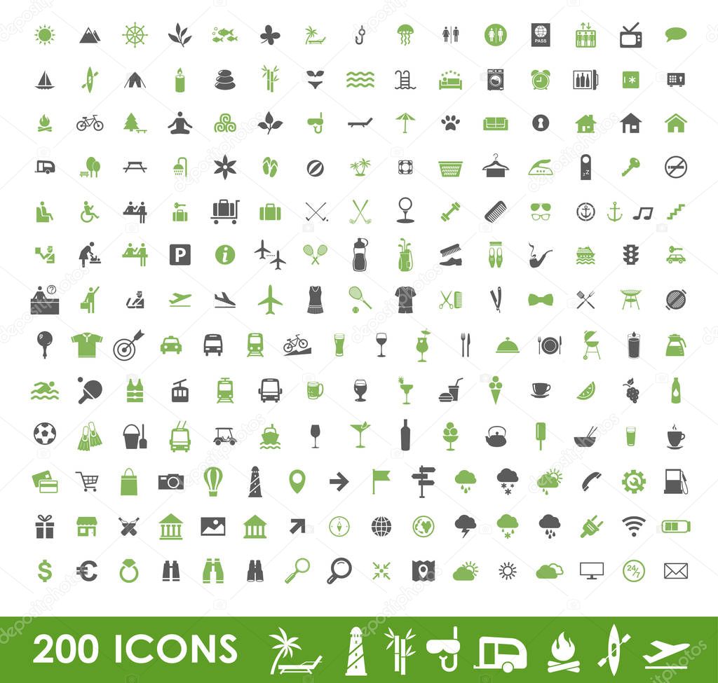 Set of 200 icons. Vector illustrations with travel, transport, hotel, rest, shopping, vacation and beach symbols.