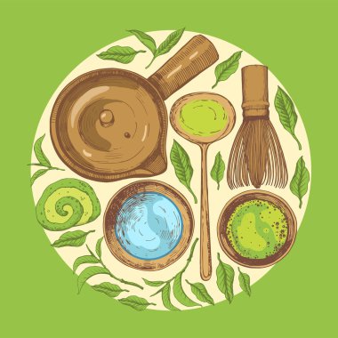 Yemek ve içecek çizimi ile eşleşen vektör çizimi. Yuvarlak kompozisyonlar. Japon etnik ve ulusal çay seremonisi. Çay saati gelenekleri işte. Tasarımınız için dekoratif ögeler.