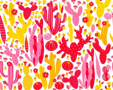 Beyaz zemin üzerinde kaktüs olan kusursuz bir şekil. Yaz bitkileri, çiçekler ve yapraklar. Doğal parlak çiçekli tasarım. Botanik illüstrasyon.