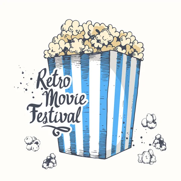 Vektorové ilustrace s skica popcorn kbelík. návrh. Kino svačina. Ručně kreslenou rychlého občerstvení. Filmový plakát. — Stockový vektor