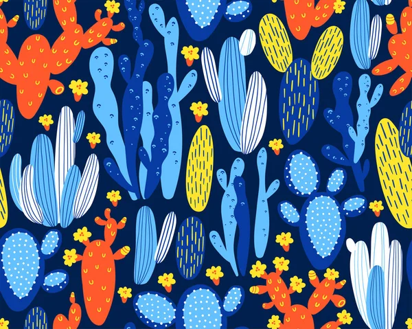 Vektornahtloses Muster mit Kaktus auf dunkelblauem Hintergrund. Sommerpflanzen, Blumen und Blätter. Natürliches florales helles Design. Botanische Illustration. — Stockvektor