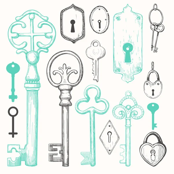 Conjunto vectorial de llaves antiguas dibujadas a mano. Ilustración en estilo de boceto sobre fondo blanco. Diseño antiguo — Vector de stock
