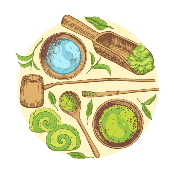 Matcha ilustração vetorial com comida e bebida esboço. Composições redondas. Cerimônia de chá nacional e étnica japonesa. Tradições de chá. Elementos decorativos para o seu design. — Vetor de Stock