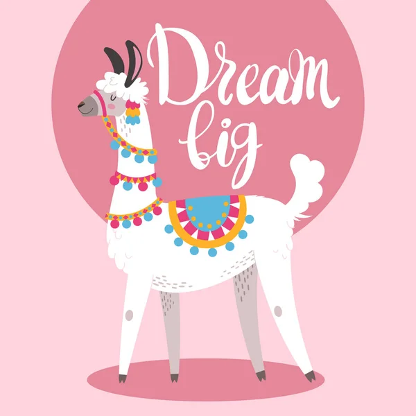 Illustration med lamadjur, komposition på Pink Vector Doodle Elements. Gratulationskort med alpacka. Dröm stora. — Stock vektor
