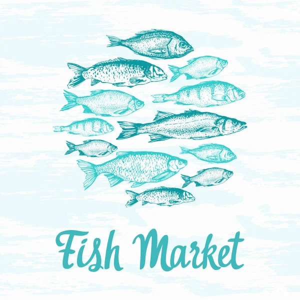 Ilustración vectorial con bocetos de peces. Composición redonda. Pescado dibujado a mano. Diseño azul. Mercado de pescado. Póster para menú de mariscos . — Vector de stock