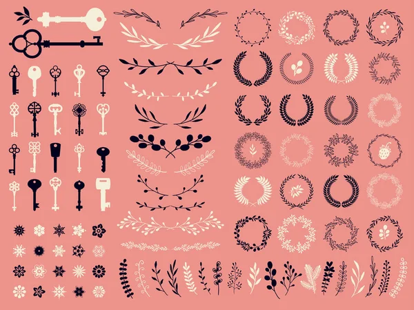 Vektor illustration med designelement för dekoration. Stora silhuetter uppsättning nycklar, kransar, snowboardåkare, gren på rosa bakgrund. Vintage stil. — Stock vektor