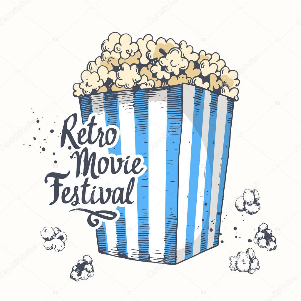 Vector illustration with sketch popcorn bucket. design. Cinema snack. Hand drawn fast food. Movie Time poster.
