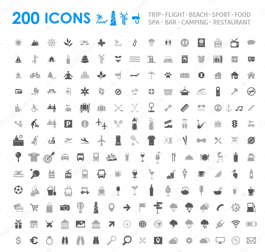 Set of 200 icons. Vector illustrations with travel, transport, hotel, rest, shopping, vacation and beach simbols.