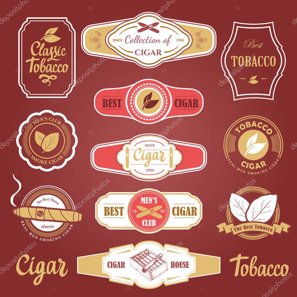 Vector Illustration with logo and labels. Simple symbols tobacco, cigar. Traditions of smoke. Decorative elements, icon for your design. Gentleman style.