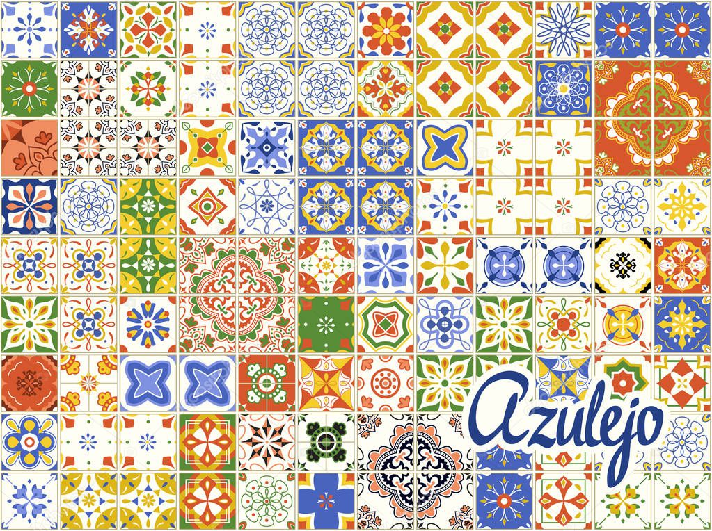 Seamless pattern with Portuguese tiles. Vector illustration of Azulejo on white background. Mediterranean style. Multicolor design.