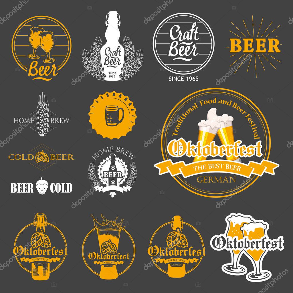 Vector Illustration with beer pub logo and labels. Simple symbols glass, bottle. Traditions of drink. Decorative elements for your design. Black white style.