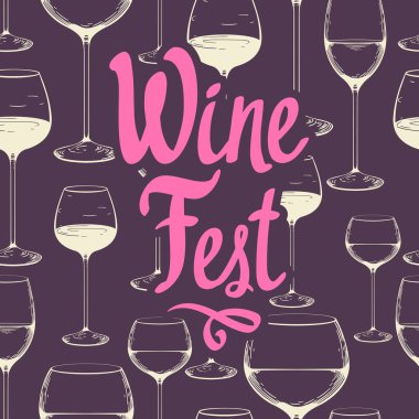 Koyu mor arka plan üzerinde şarap bardağı nın elle çizilmiş krokisi. Dikişsiz cam desen. Siyah beyaz tarzı. Vintage.