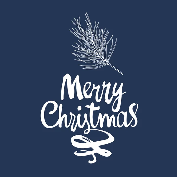 Vector vakantie illustratie Merry Christmas op blauwe achtergrond met een tak van Pine. Handgeschreven inscriptie. Belettering ontwerp. — Stockvector